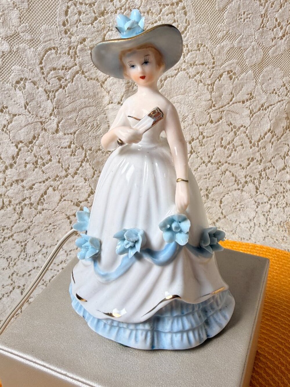 Vintage Porcelain Lady Lamp Boudoir Figurine Light Blue Dress Gold Trim 1950